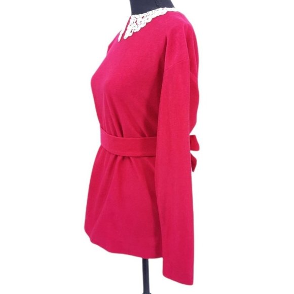 VTG 60s 70s Dark Pink Felted Crochet Lace Collar Long Sleeve Top M Tie Belt - Picture 8 of 12